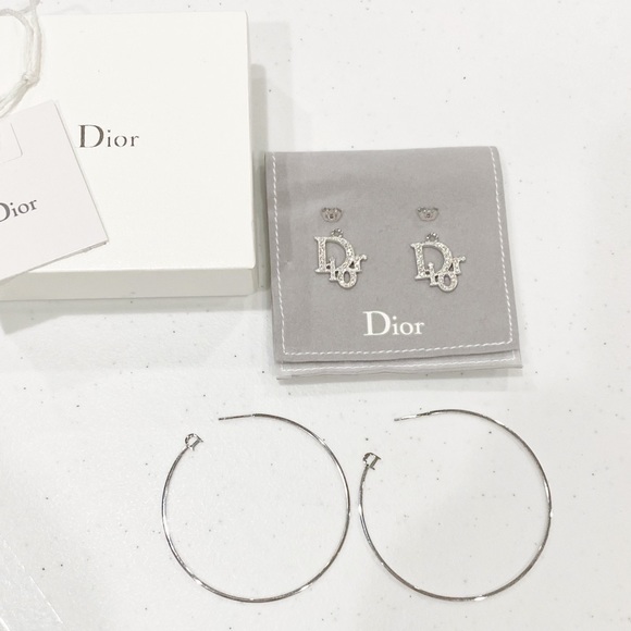 DIOR Silver Hoop XL Earrings Oblique Swarovski Crystal Vintage Authentic